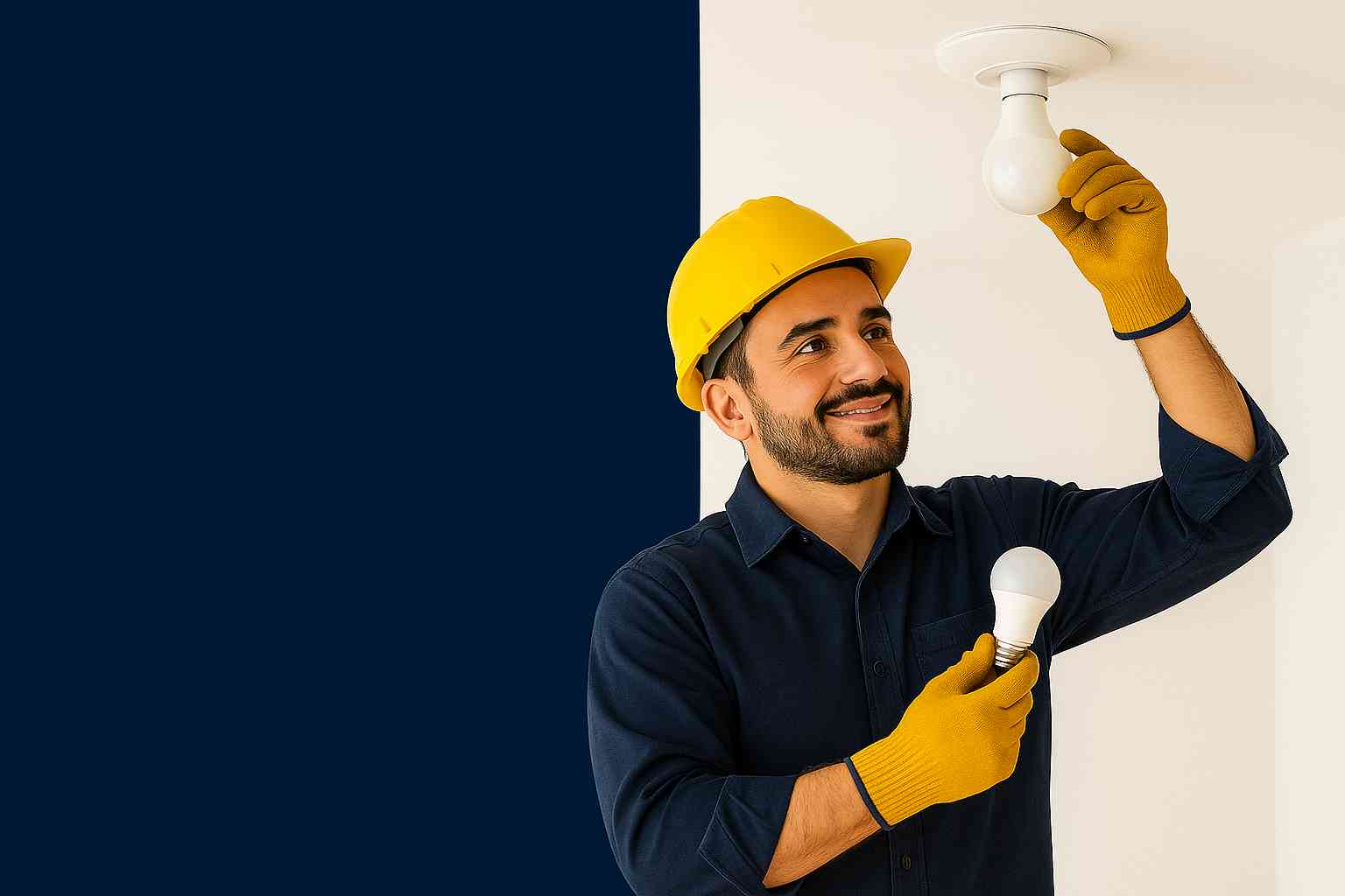 Eletricista profissional instalando luminária