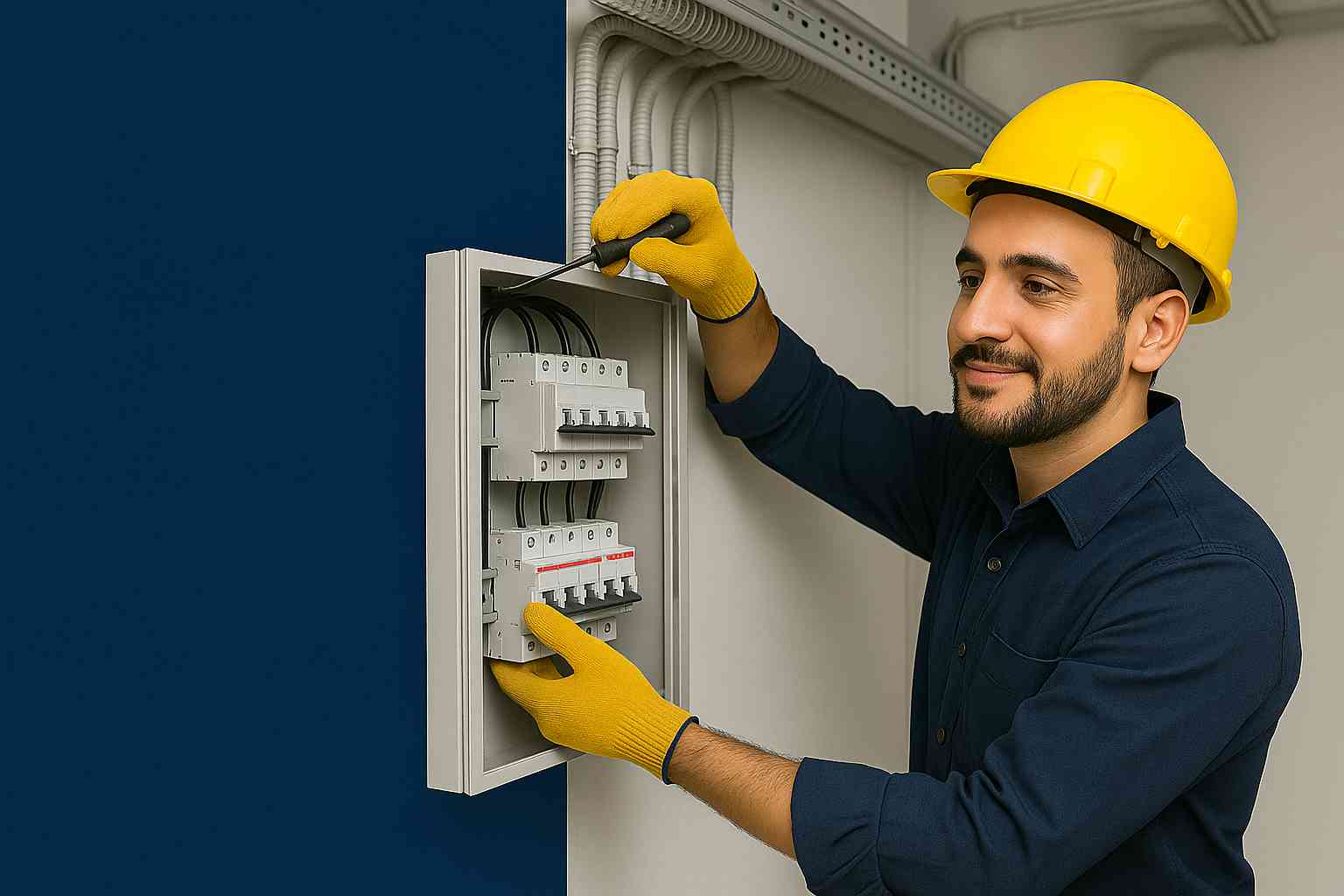 Eletricista trocando lâmpada com segurança